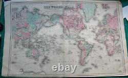 1855 Large Antique Map-colton- World On Mercator's Projection Plus Western Hemis