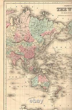 1855 Large Antique Map-colton- World On Mercator's Projection Plus Western Hemis