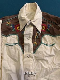 1940s/50s Cotton Pearl Snap Embroidered flowers Western Long Shirt Smile Pockets