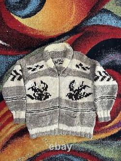 1950s VTG Cowboy Western Eagle Western Zip Cowichan Cardigan Sweater Jacket LG