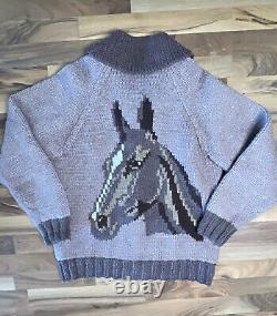 1950s Vintage Horse Sweater L Hand Knit Western Horseshoe Cardigan Cowichan 50s