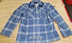 1970's Pioneer Wear Blue Wool Plaid Western Zip Jacket Size 42 leather collar