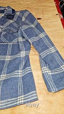 1970's Pioneer Wear Blue Wool Plaid Western Zip Jacket Size 42 leather collar
