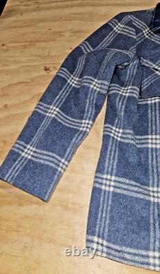 1970's Pioneer Wear Blue Wool Plaid Western Zip Jacket Size 42 leather collar