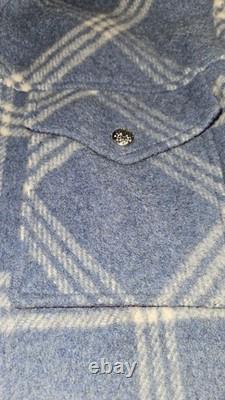 1970's Pioneer Wear Blue Wool Plaid Western Zip Jacket Size 42 leather collar