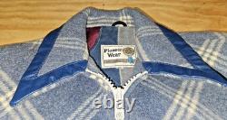 1970's Pioneer Wear Blue Wool Plaid Western Zip Jacket Size 42 leather collar