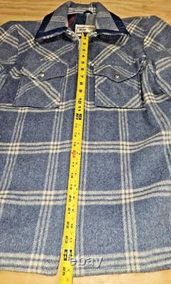 1970's Pioneer Wear Blue Wool Plaid Western Zip Jacket Size 42 leather collar