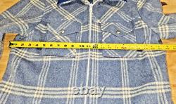 1970's Pioneer Wear Blue Wool Plaid Western Zip Jacket Size 42 leather collar