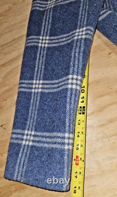 1970's Pioneer Wear Blue Wool Plaid Western Zip Jacket Size 42 leather collar