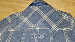 1970's Pioneer Wear Blue Wool Plaid Western Zip Jacket Size 42 leather collar