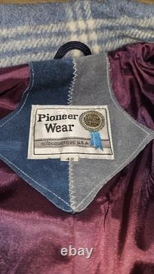 1970's Pioneer Wear Blue Wool Plaid Western Zip Jacket Size 42 leather collar