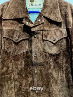1970's Trucker Jacket LAKELAND Brown Suede Type III Western Pattern Size Lg 42 1970's Trucker Jacket LAKELAND Brown Suede Type III Western Pattern Size Lg 42