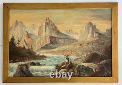 19th-20thC Antique Early American Plein Air Landscape Wildlife Stag Painting
