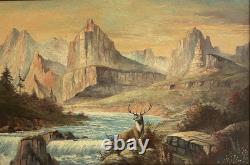 19th-20thC Antique Early American Plein Air Landscape Wildlife Stag Painting