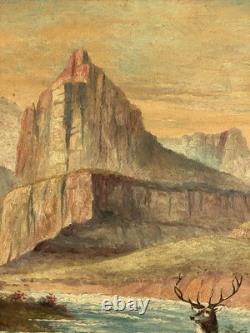 19th-20thC Antique Early American Plein Air Landscape Wildlife Stag Painting