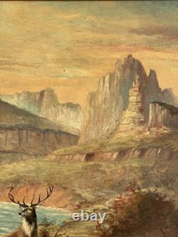19th-20thC Antique Early American Plein Air Landscape Wildlife Stag Painting