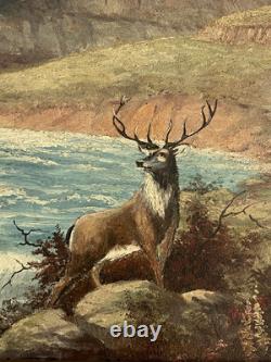 19th-20thC Antique Early American Plein Air Landscape Wildlife Stag Painting