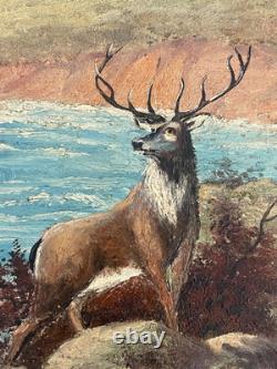 19th-20thC Antique Early American Plein Air Landscape Wildlife Stag Painting