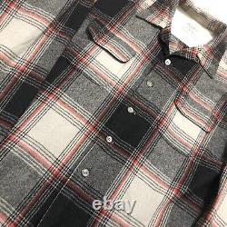 50s Vintage Buck Skein Brand Wool Loop Open Collar Shirt L Black Plaid Western