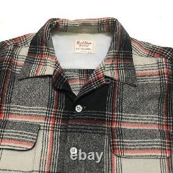 50s Vintage Buck Skein Brand Wool Loop Open Collar Shirt L Black Plaid Western