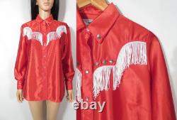60s/70s Red Satin Rockmount Pearl Snap Fringe Studded Womens Western Size L