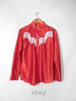 60s/70s Red Satin Rockmount Pearl Snap Fringe Studded Womens Western Size L