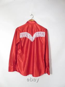 60s/70s Red Satin Rockmount Pearl Snap Fringe Studded Womens Western Size L