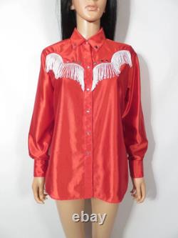 60s/70s Red Satin Rockmount Pearl Snap Fringe Studded Womens Western Size L