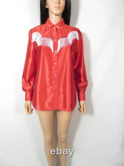 60s/70s Red Satin Rockmount Pearl Snap Fringe Studded Womens Western Size L