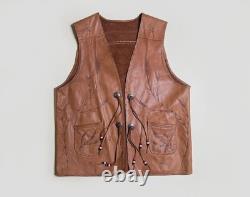 60s Tooled Leather Vest Large-XL Vintage Brown Western Beaded Conchos Gilet