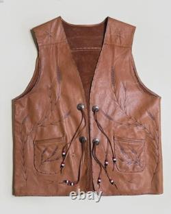 60s Tooled Leather Vest Large-XL Vintage Brown Western Beaded Conchos Gilet