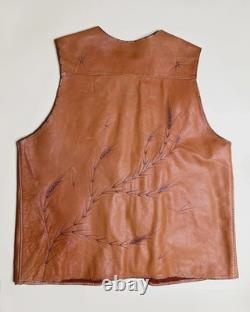 60s Tooled Leather Vest Large-XL Vintage Brown Western Beaded Conchos Gilet