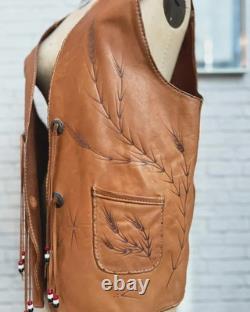 60s Tooled Leather Vest Large-XL Vintage Brown Western Beaded Conchos Gilet