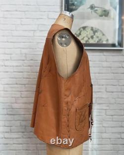 60s Tooled Leather Vest Large-XL Vintage Brown Western Beaded Conchos Gilet