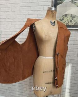 60s Tooled Leather Vest Large-XL Vintage Brown Western Beaded Conchos Gilet