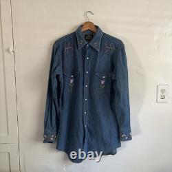 70s Maverick Blue Bell Embroidered Denim Western Shirt Pearl Snap Size Large VTG