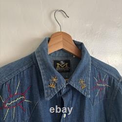 70s Maverick Blue Bell Embroidered Denim Western Shirt Pearl Snap Size Large VTG