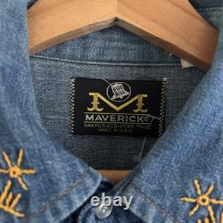 70s Maverick Blue Bell Embroidered Denim Western Shirt Pearl Snap Size Large VTG