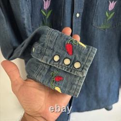 70s Maverick Blue Bell Embroidered Denim Western Shirt Pearl Snap Size Large VTG