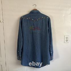 70s Maverick Blue Bell Embroidered Denim Western Shirt Pearl Snap Size Large VTG
