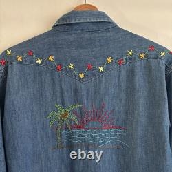 70s Maverick Blue Bell Embroidered Denim Western Shirt Pearl Snap Size Large VTG