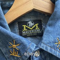 70s Maverick Blue Bell Embroidered Denim Western Shirt Pearl Snap Size Large VTG