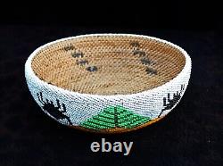 A Large Antique Washoe Beaded Basket with a Mandala Design 7 1/4d x 2 5/8deep
