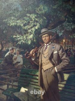 ANTIQUE Painting ILLUSTRATION MASTERFUL PORTRAIT STREET SCENE TOWN LARGE OIL 39