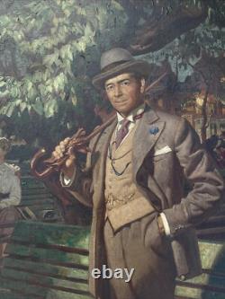 ANTIQUE Painting ILLUSTRATION MASTERFUL PORTRAIT STREET SCENE TOWN LARGE OIL 39