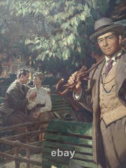 ANTIQUE Painting ILLUSTRATION MASTERFUL PORTRAIT STREET SCENE TOWN LARGE OIL 39