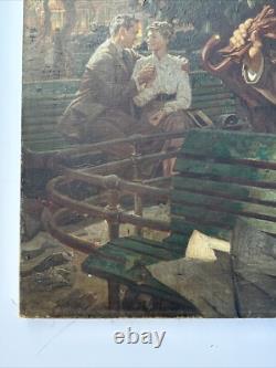 ANTIQUE Painting ILLUSTRATION MASTERFUL PORTRAIT STREET SCENE TOWN LARGE OIL 39