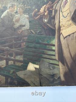 ANTIQUE Painting ILLUSTRATION MASTERFUL PORTRAIT STREET SCENE TOWN LARGE OIL 39