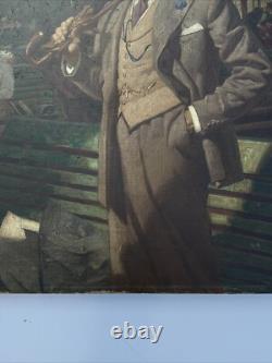 ANTIQUE Painting ILLUSTRATION MASTERFUL PORTRAIT STREET SCENE TOWN LARGE OIL 39