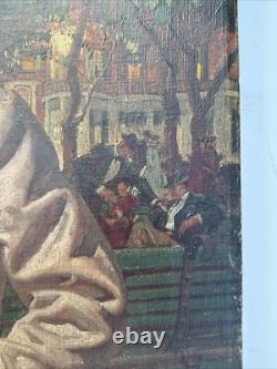 ANTIQUE Painting ILLUSTRATION MASTERFUL PORTRAIT STREET SCENE TOWN LARGE OIL 39